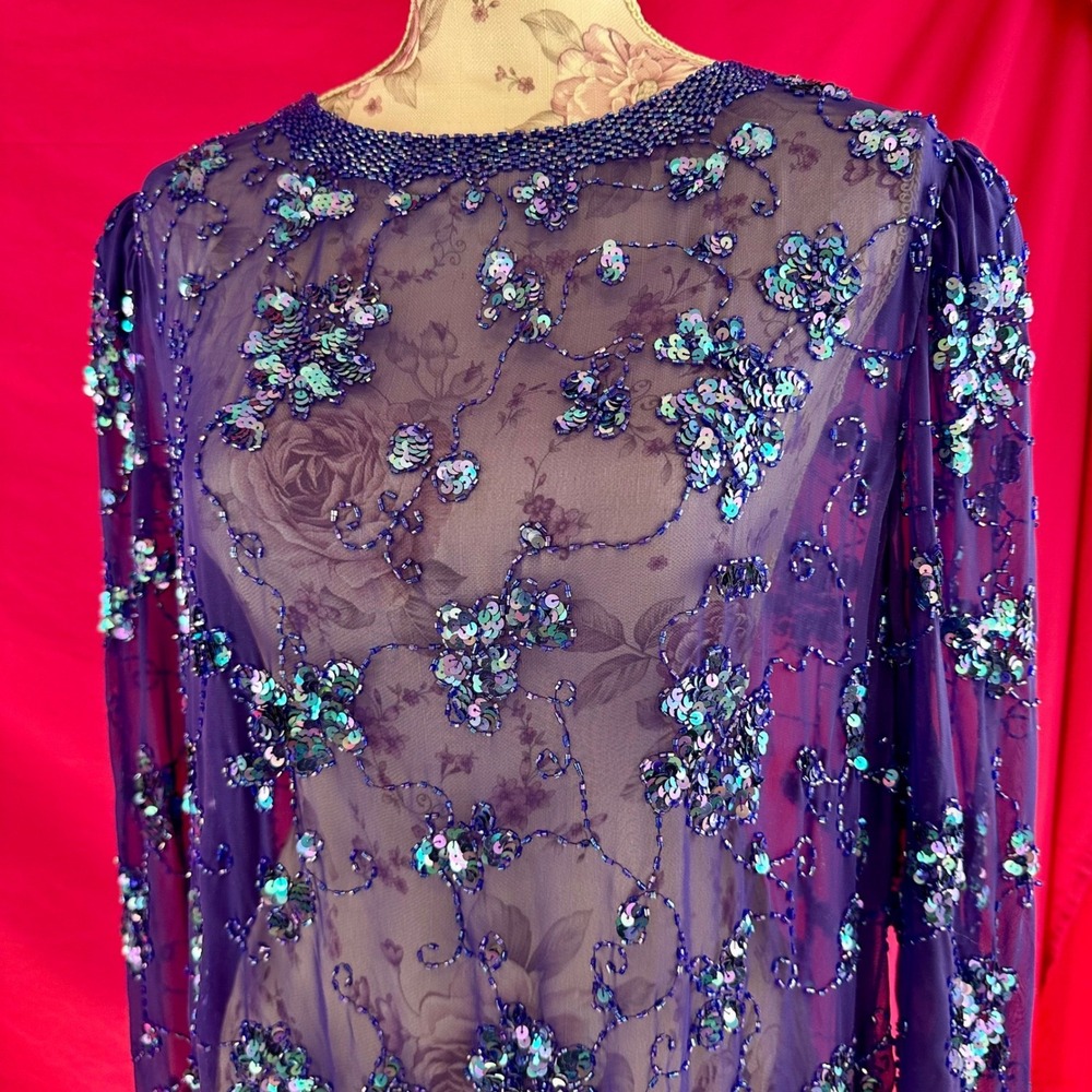 Sequin Beaded Sheer Purple Tunic Top XL Vintage Y2K Lillie Rubin‎ Glam Party - Picture 6 of 17